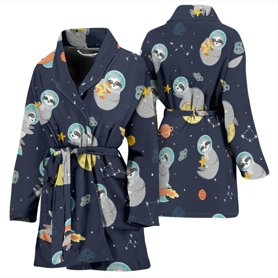 Cute Sloth Astronaut Star Planet Rocket Pattern Women'S Bathrobe