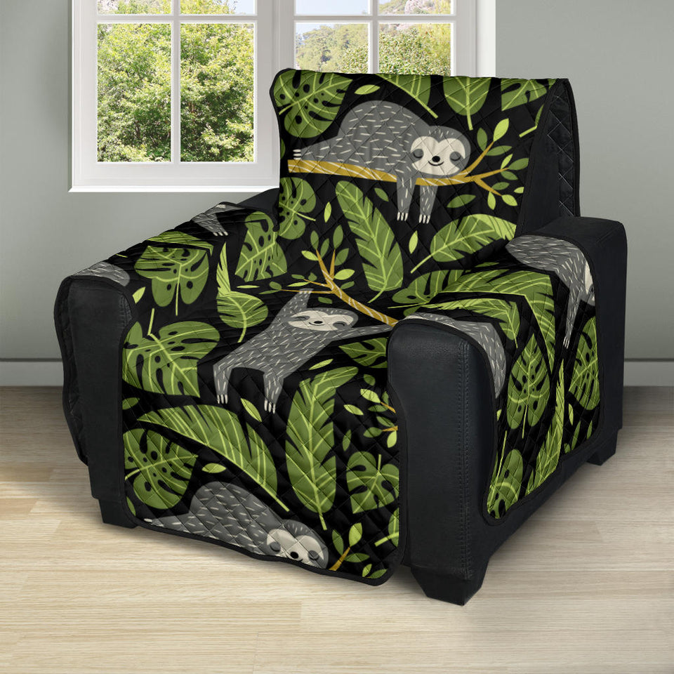 Cute sloths tropical palm leaves black background Recliner Cover Protector