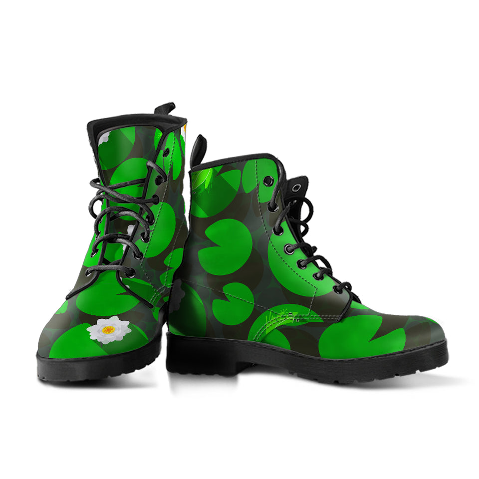 Frog Waterlily Pattern Leather Boots
