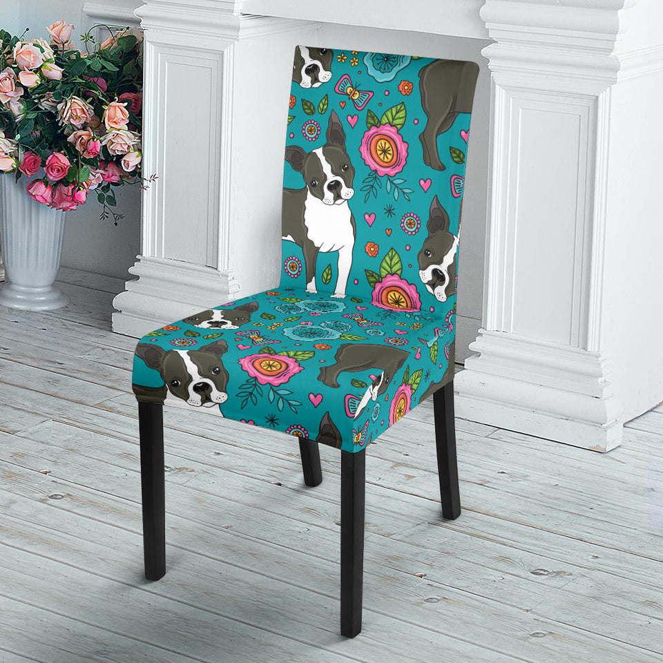 Boston Terrier Beautiful Flower Pattern Dining Chair Slipcover
