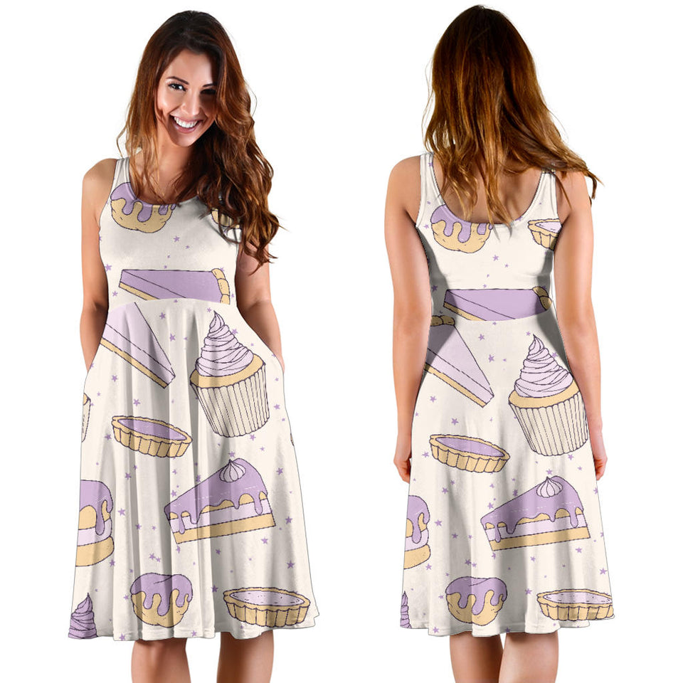 Cakes Pies Tarts Muffins And Eclairs Purple Blueberry Topping Pattern Sleeveless Midi Dress