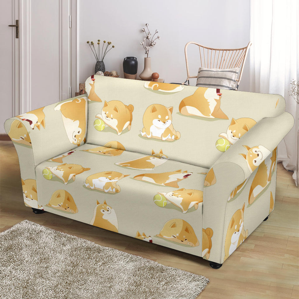 Cute Fat Shiba Inu Dog Pattern Loveseat Couch Slipcover