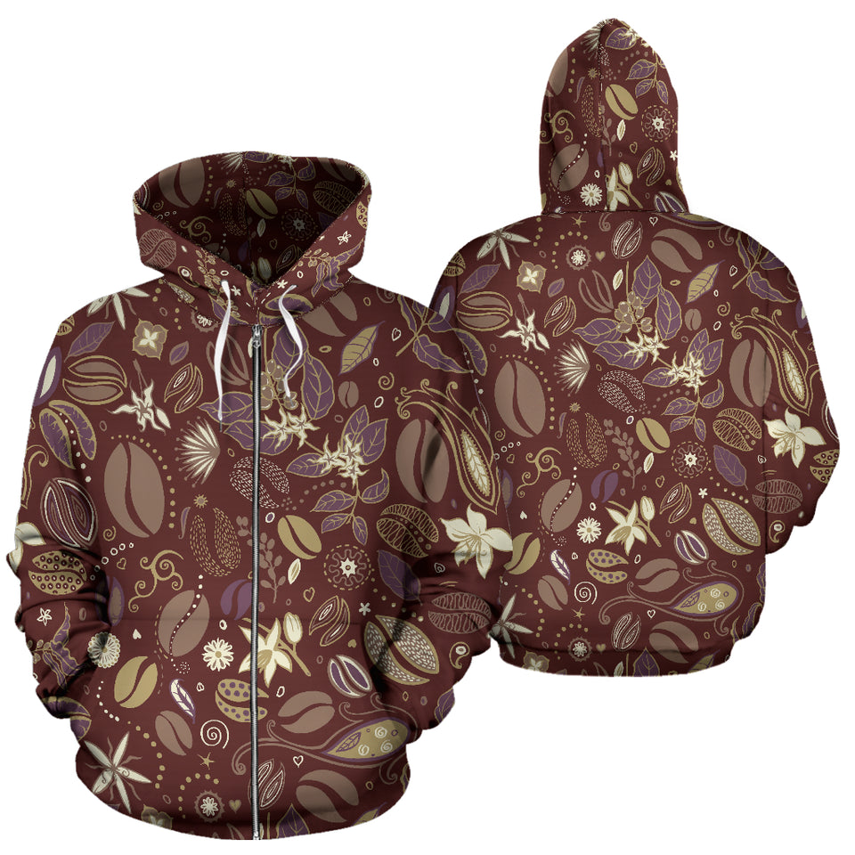 Coffee Bean Flower Pattern Zip Up Hoodie