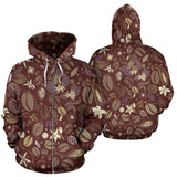 Coffee Bean Flower Pattern Zip Up Hoodie