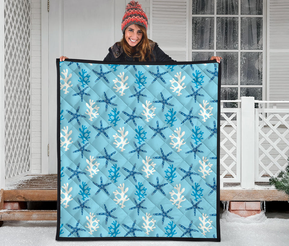 Blue Starfish Coral Reef Pattern Premium Quilt