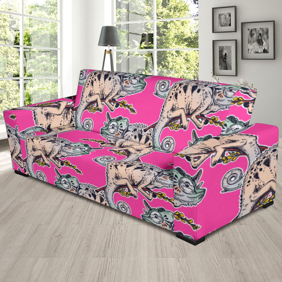 Chameleon Lizard Pattern Pink Background Sofa Slipcover