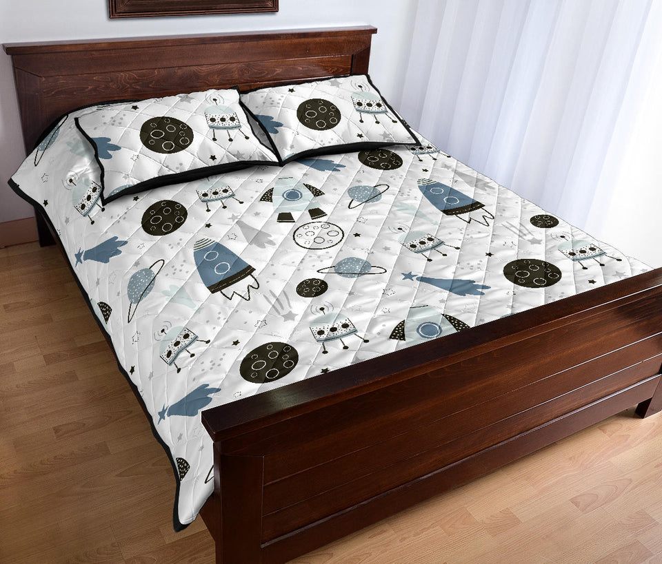 Hand drawn space elements space rocket star planet space probe Quilt Bed Set