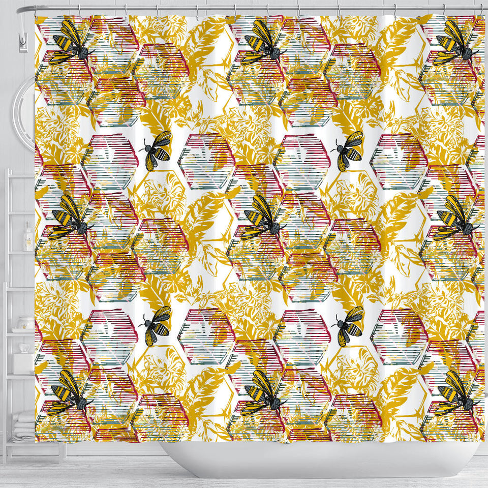 Cool Bee Honeycomb Leaves Pattern Shower Curtain Fulfilled In US