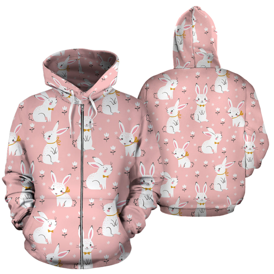 Cute White Rabbit Flower Pink Background Zip Up Hoodie