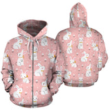 Cute White Rabbit Flower Pink Background Zip Up Hoodie