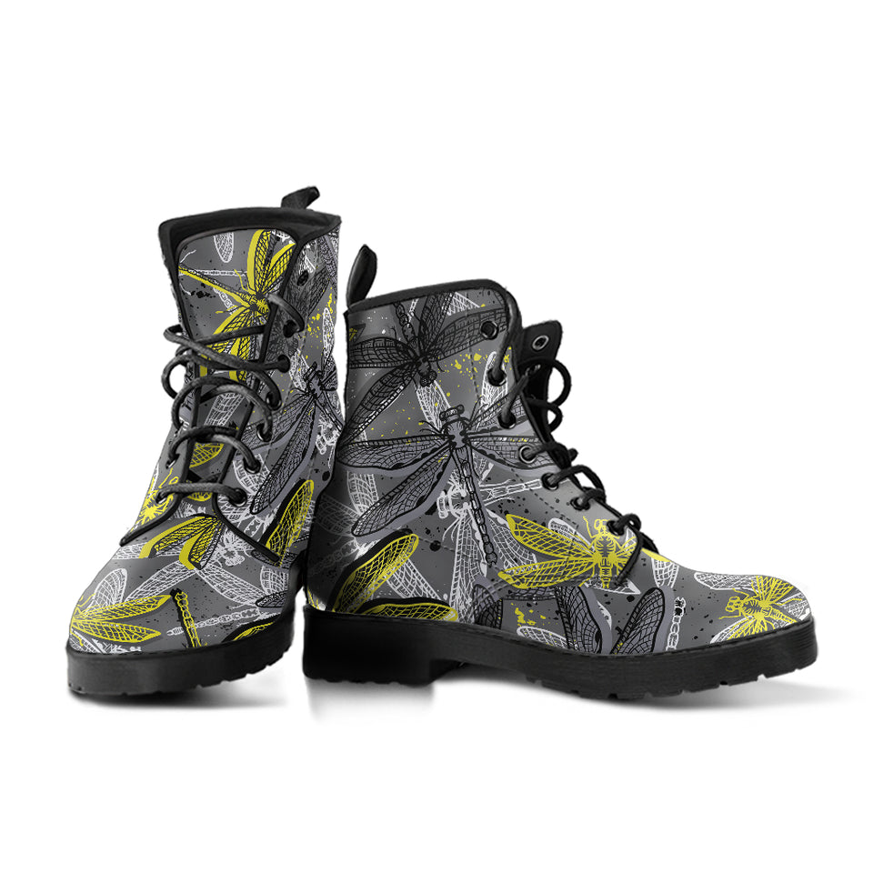 Hand Drawn Dragonfly Pattern Leather Boots