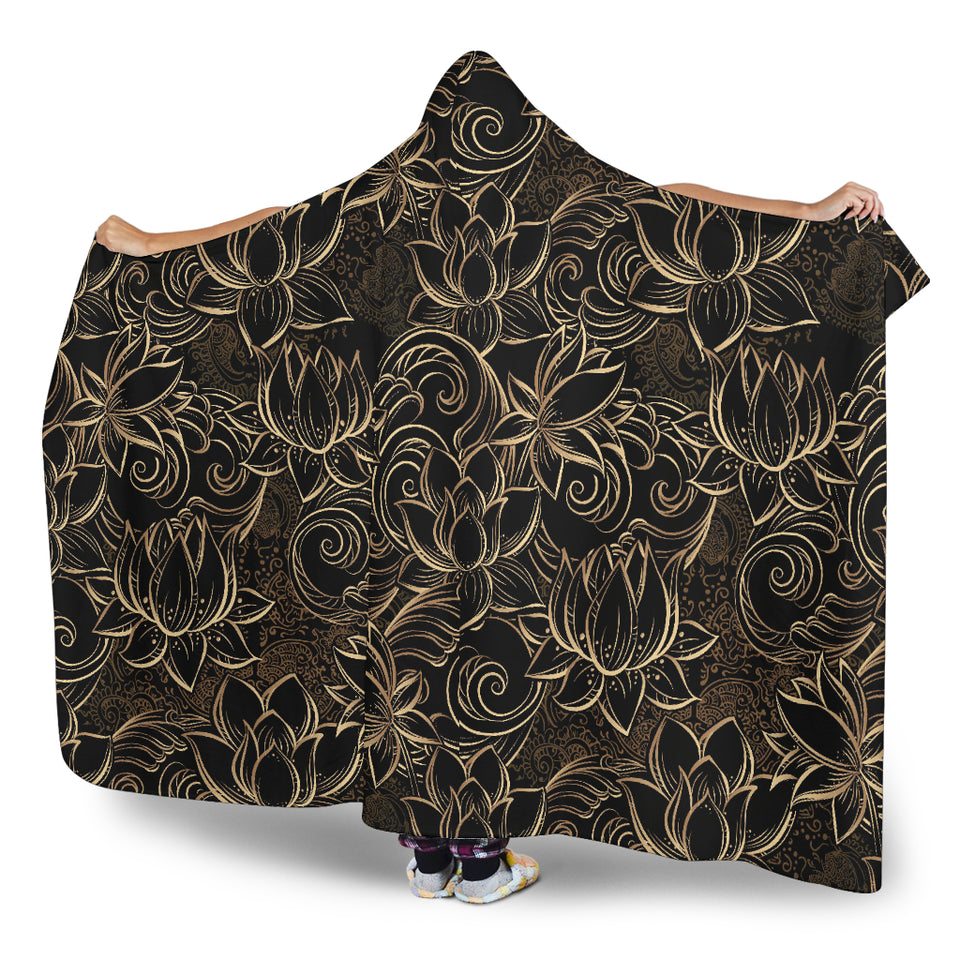 Luxurious Gold Lotus Waterlily Black Background Hooded Blanket