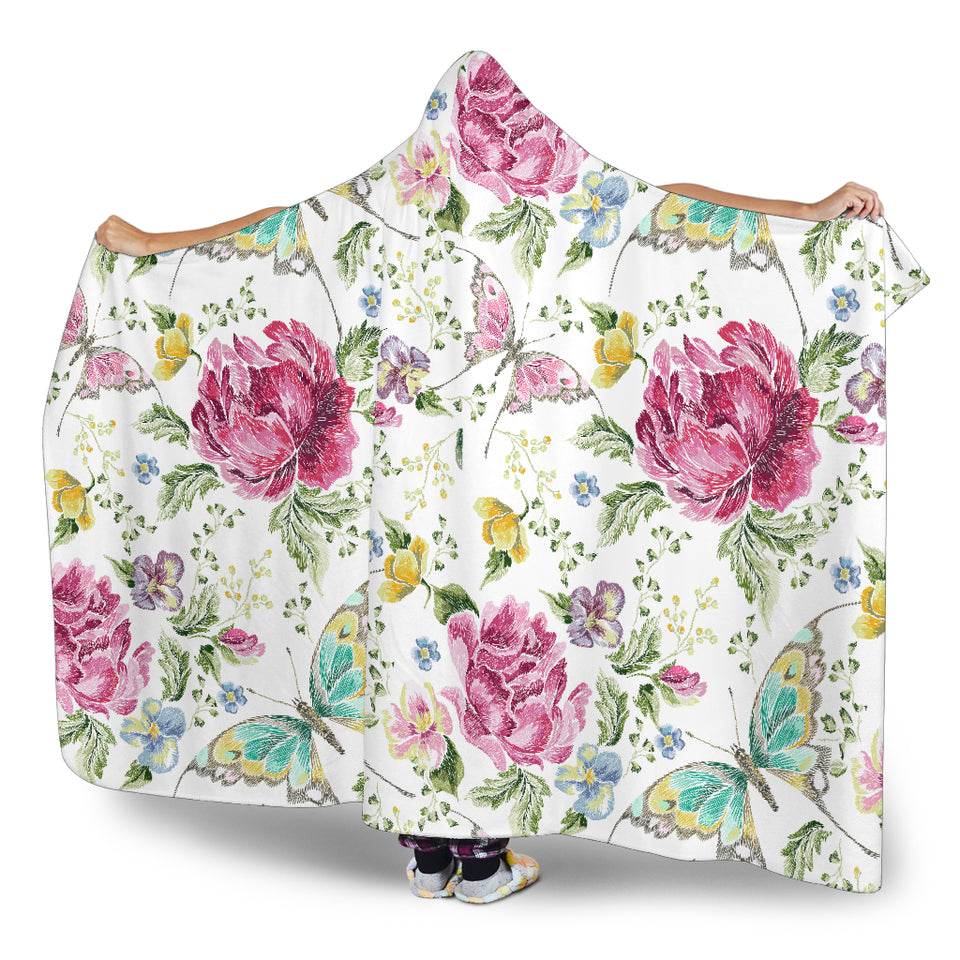 Hand Drawn Butterfly Rose Hooded Blanket