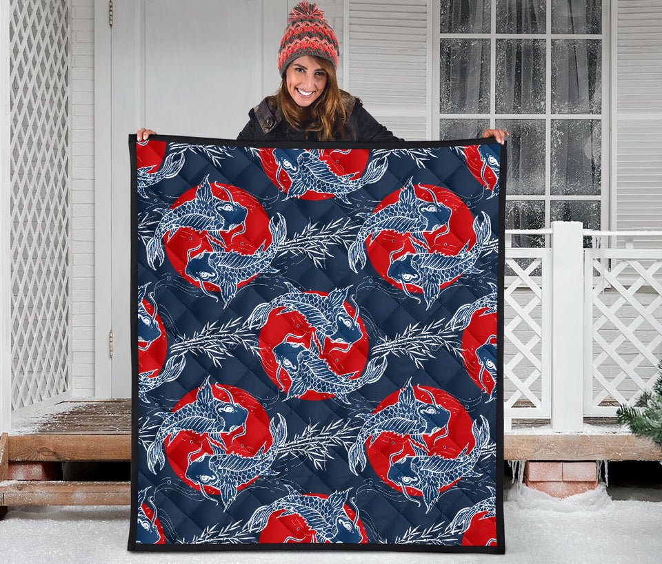 Koi Fish Carp Fishs Hand Drawn Japanese Art Premium Quilt