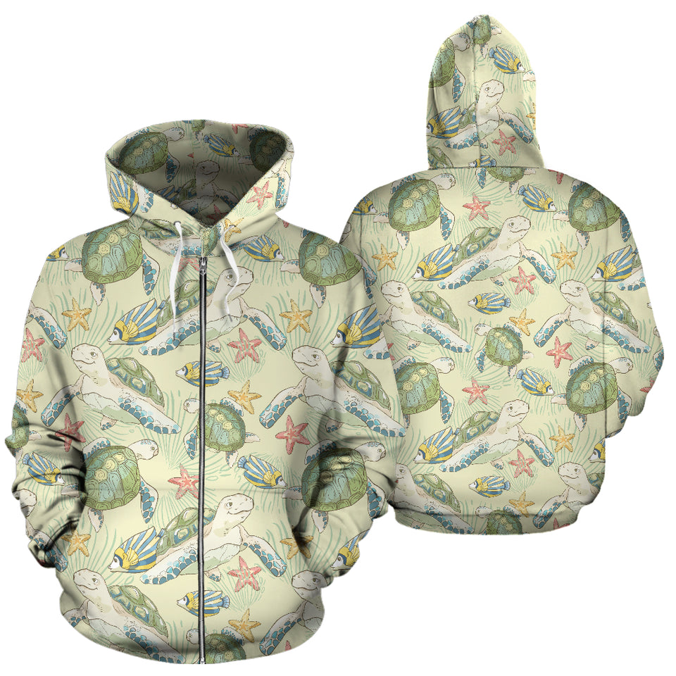 Hand Drawn Sea Turtle Fish Pattern Zip Up Hoodie