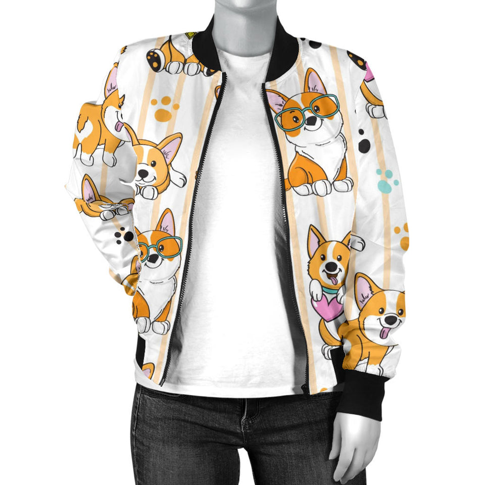 Cute Dog Corgi Striped Background Pattern Women'S Bomber Jacket