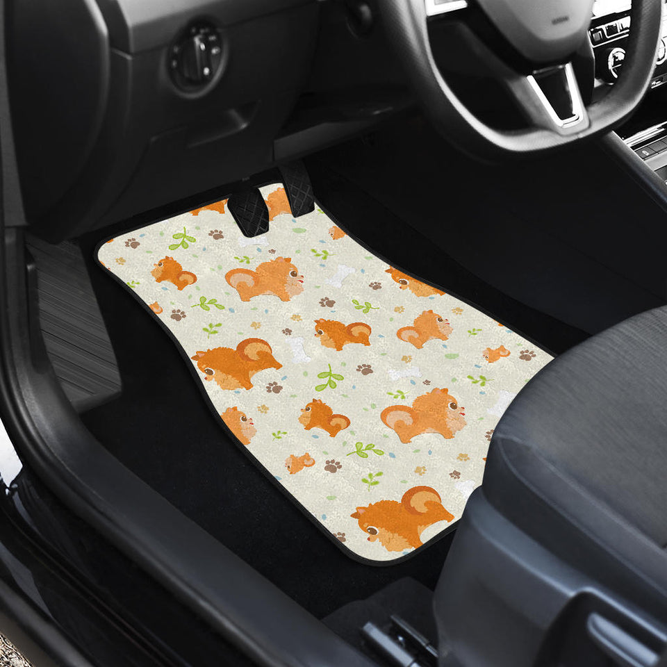 Cute Brown Pomeranian Paw Leave Bone Pattern Front And Back Car Mats