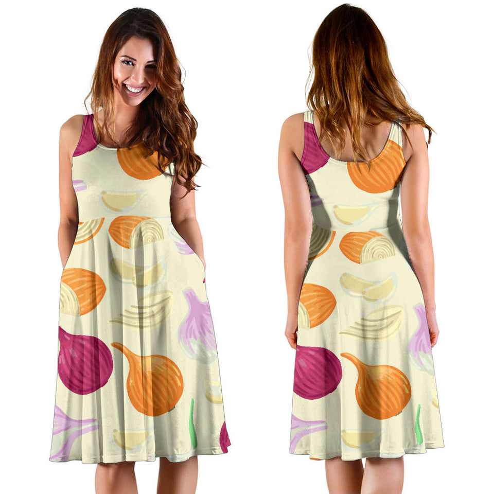Onion Garlic White Red Pattern Sleeveless Midi Dress