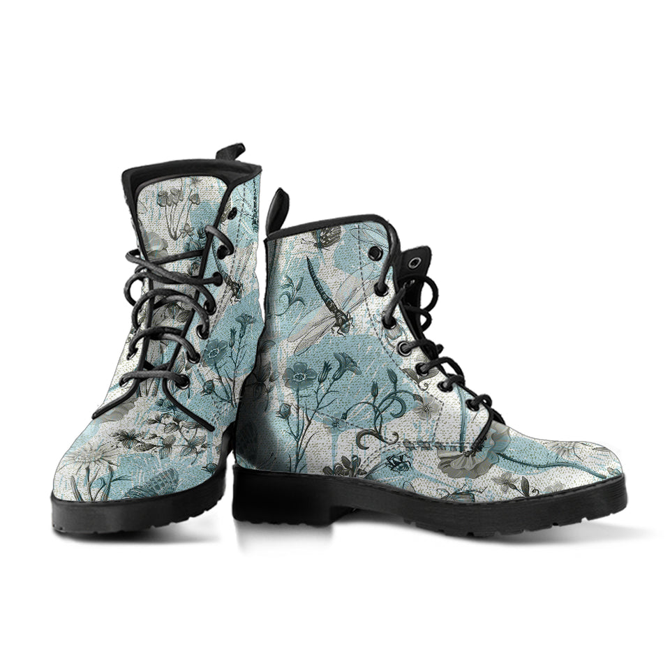 Dragonfly Butterfly Plants Insect Flower Vintage Style Pattern Leather Boots