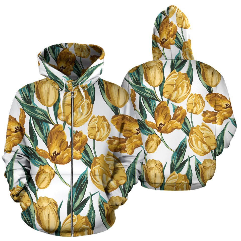 Yellow Tulips Pattern Zip Up Hoodie