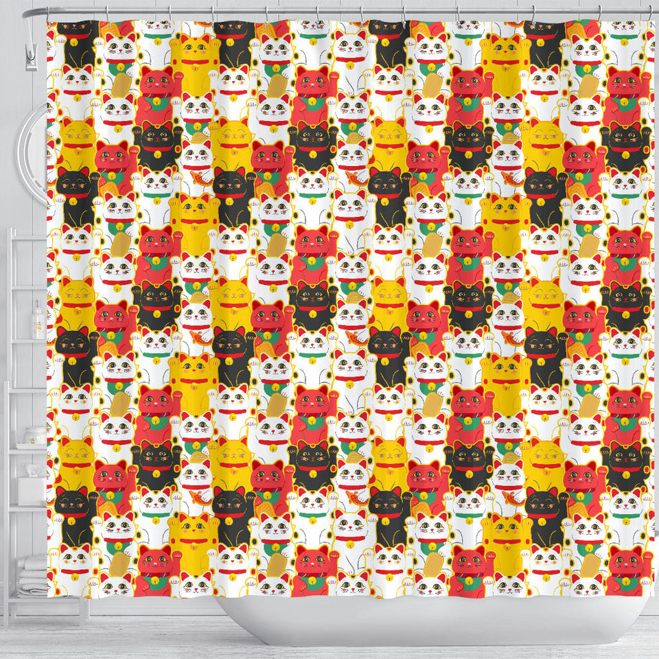Colorful Maneki Neko Lucky Cat Pattern Shower Curtain Fulfilled In US