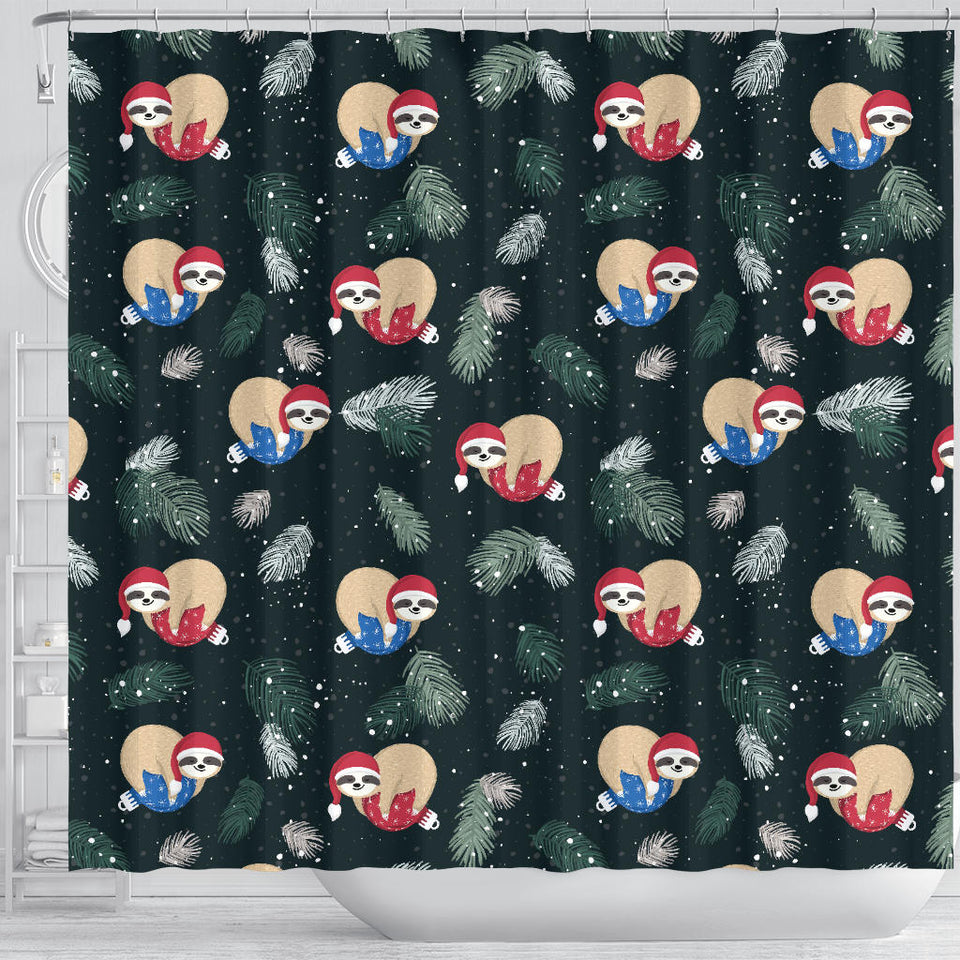Cute Sloths Sleeping Christmas Ball Santa Hat Pattern Shower Curtain Fulfilled In US