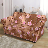 Pink Sakura Cherry Blossom Drak Brown Background Loveseat Couch Slipcover