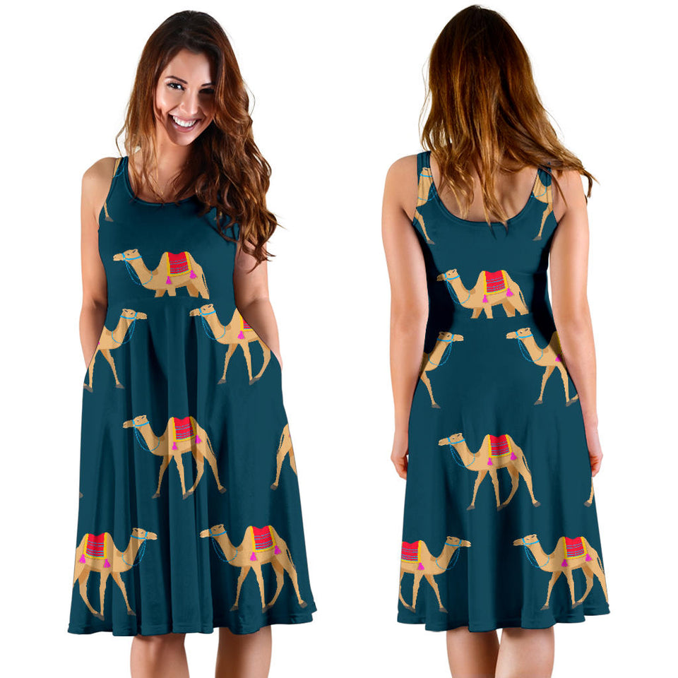 Camel Pattern Blue Blackground Sleeveless Midi Dress
