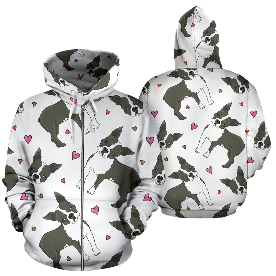 Boston Terrier Dog Hearts Vector Pattern Zip Up Hoodie