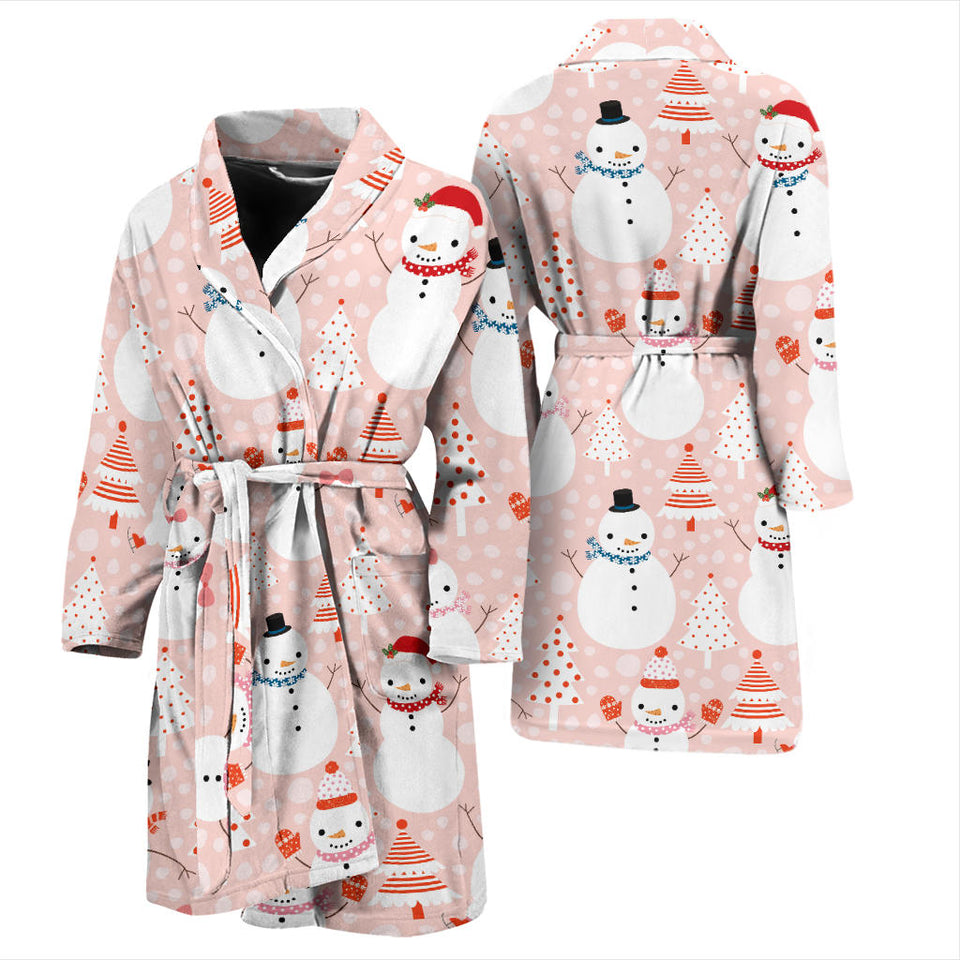Cute Snowman Christmas Tree Snowpink Background Men'S Bathrobe