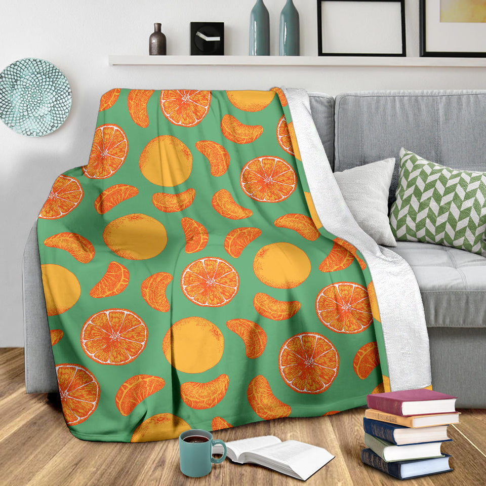 Orange Fruit Pattern Green Background Premium Blanket