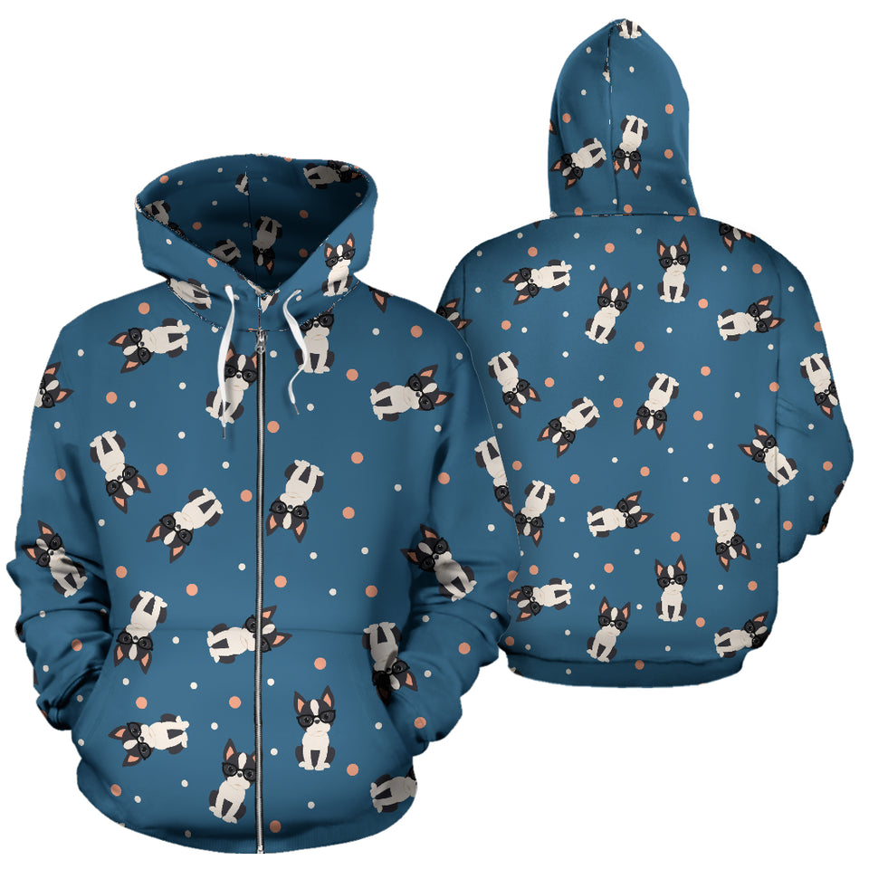 Cute Boston Terrier Dog Spattern Zip Up Hoodie