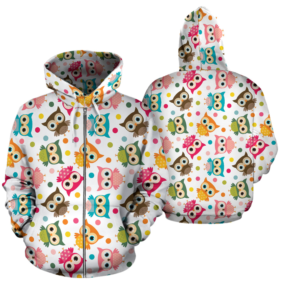 Color Cute Owl Pattern Zip Up Hoodie