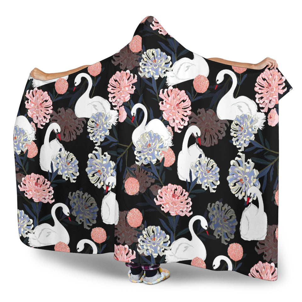 White Swan Blooming Flower Pattern Hooded Blanket