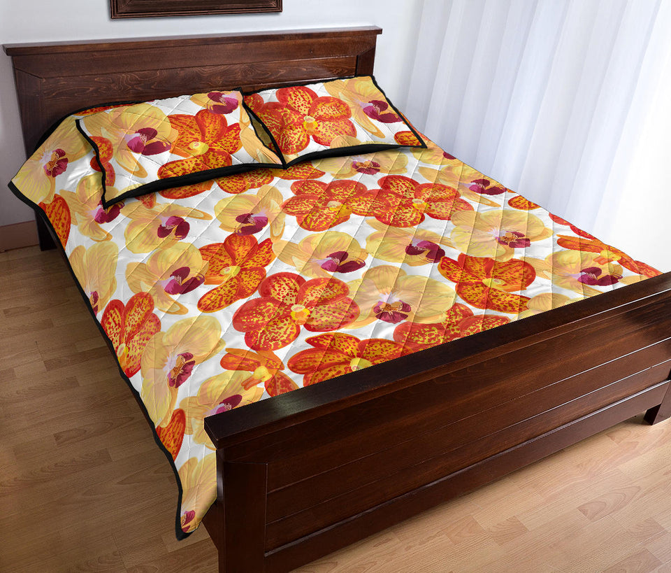 Orange yellow orchid flower pattern background Quilt Bed Set