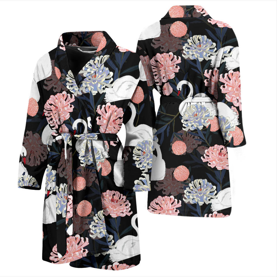 White Swan Blooming Flower Pattern Men'S Bathrobe