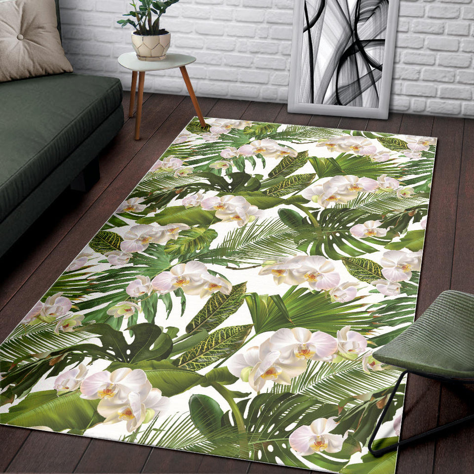 White Orchid Flower Tropical Leaves Pattern Area Rug