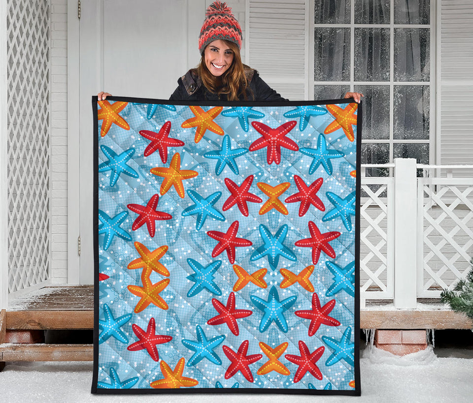 Blue Red Orange Starfish Pattern Premium Quilt
