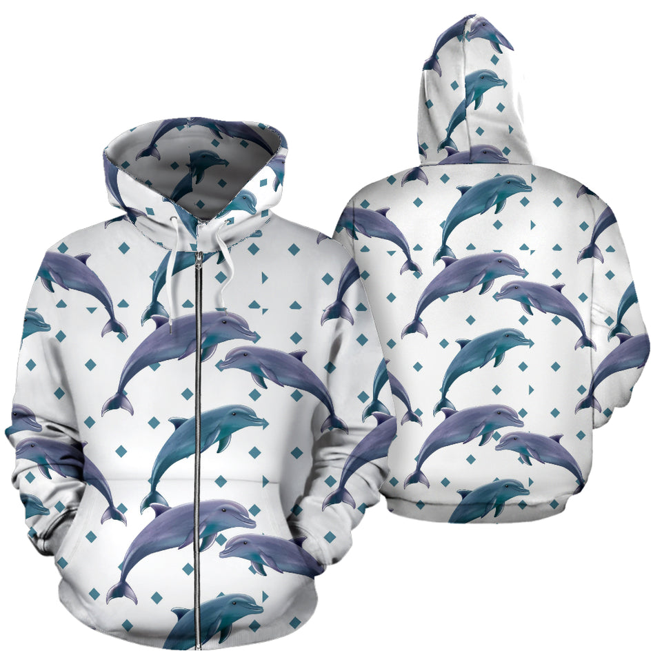 Dolphins Pattern Dotted Background Zip Up Hoodie