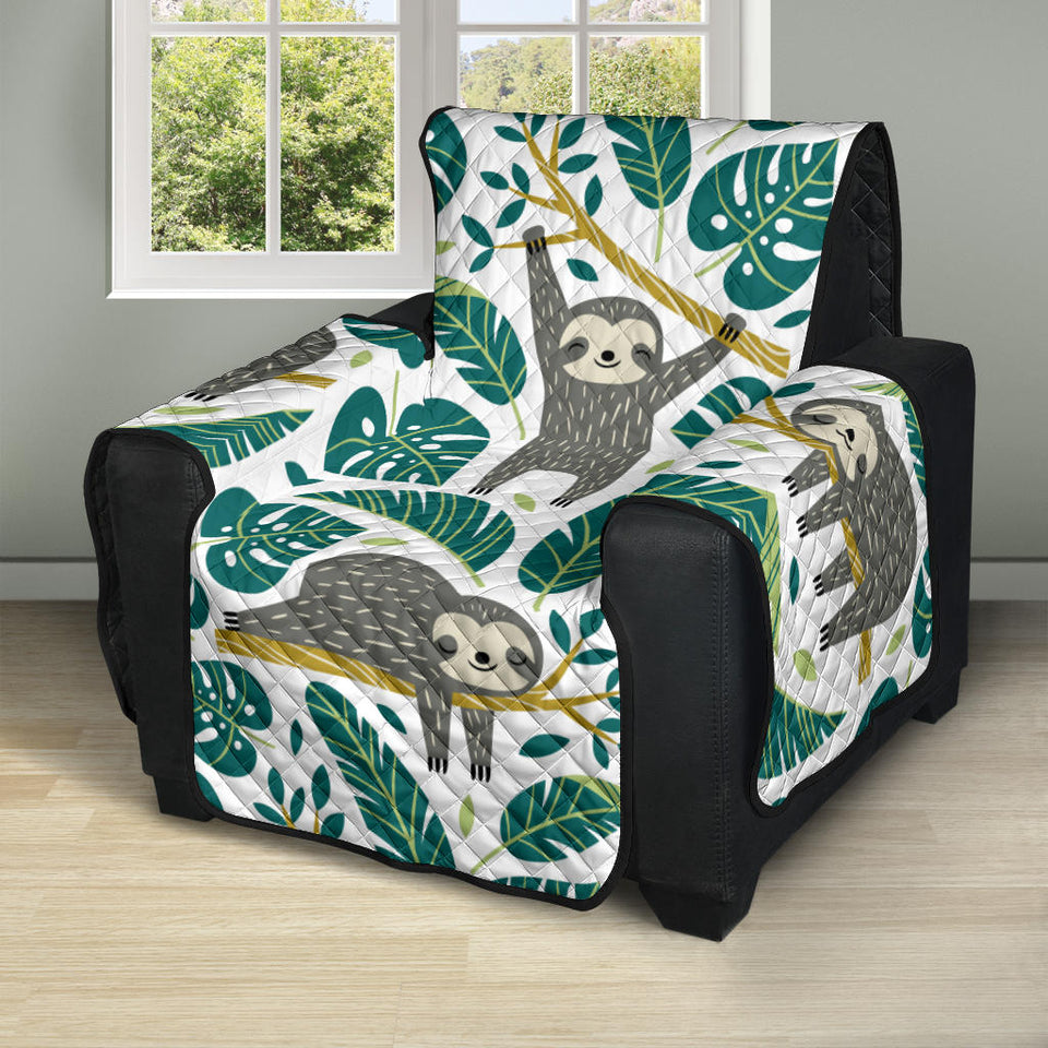 Cute sloths tropical palm leaves white background Recliner Cover Protector