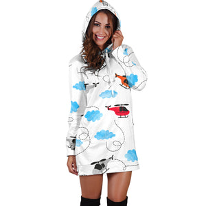 Watercolor Helicopter Cloud Pattern Women'S Hoodie Dress