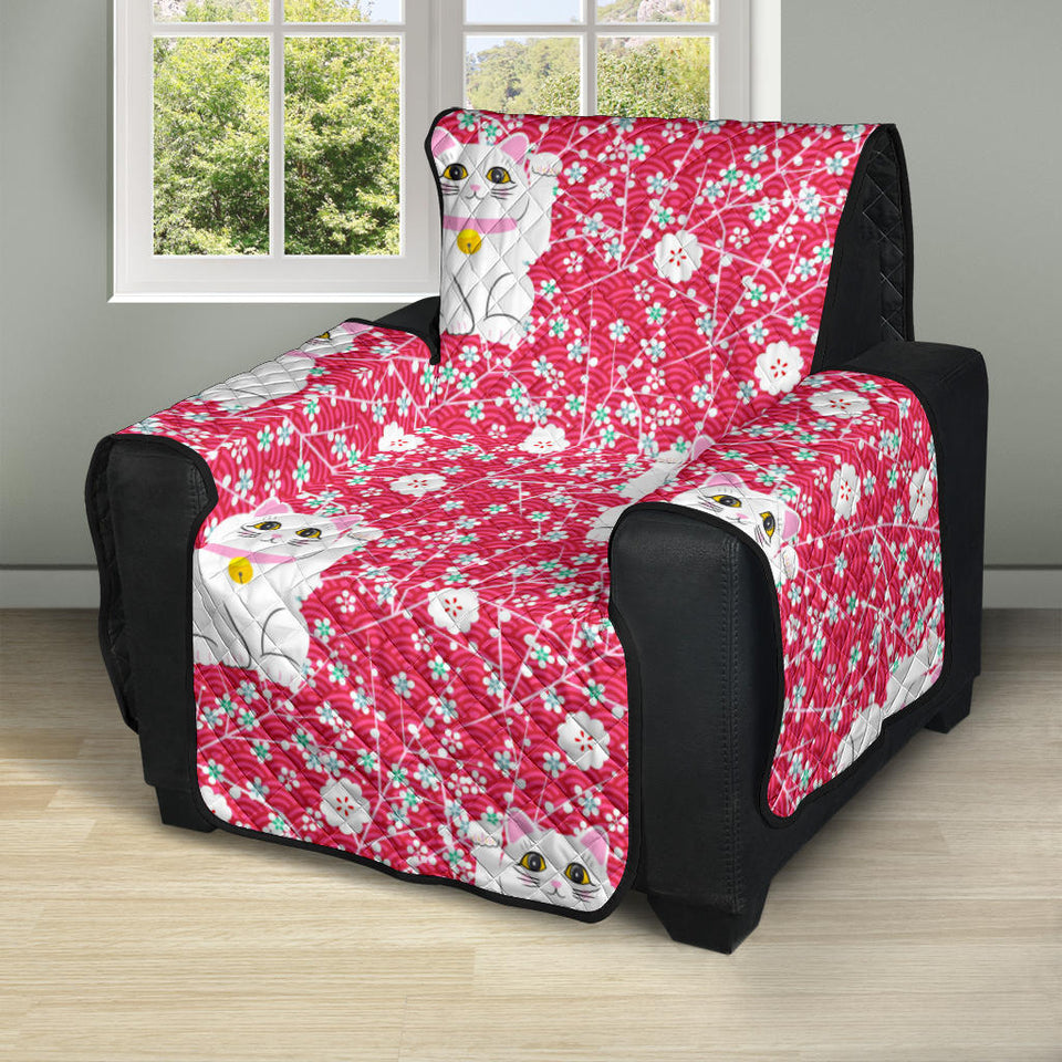 Maneki Neko Lucky Cat sakura pink background Recliner Cover Protector