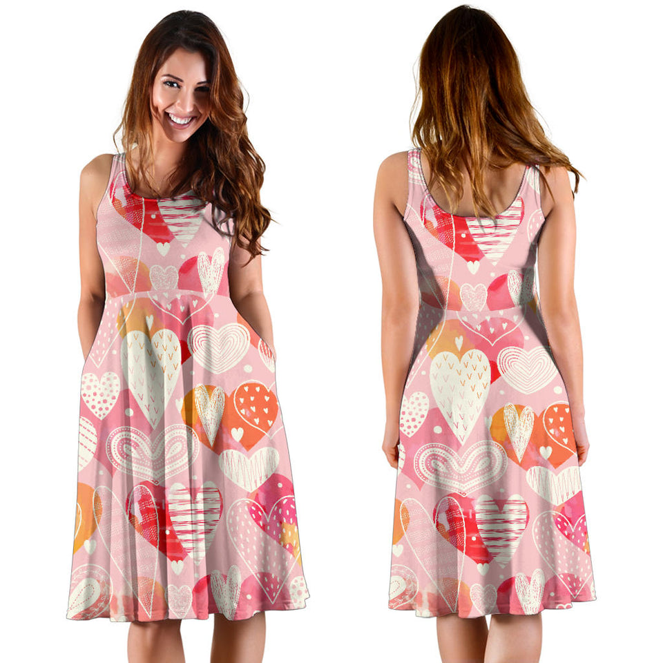 Hand Drawn Heart Design Pattern Sleeveless Midi Dress