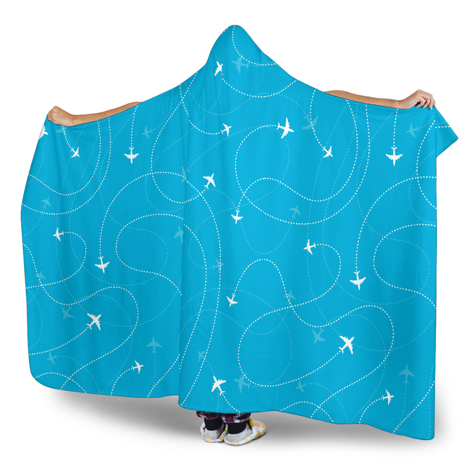 Airplane Destinations Blue Background Hooded Blanket