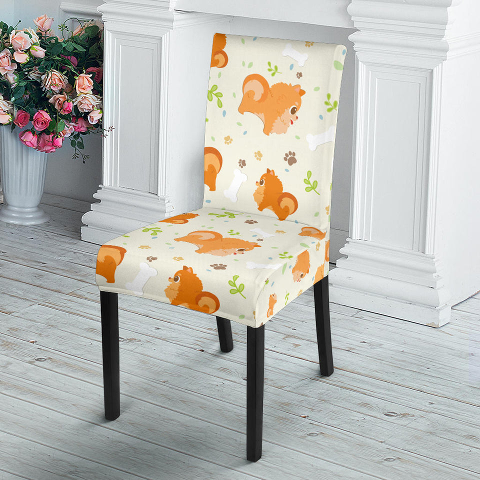 Cute Brown Pomeranian Paw Leave Bone Pattern Dining Chair Slipcover