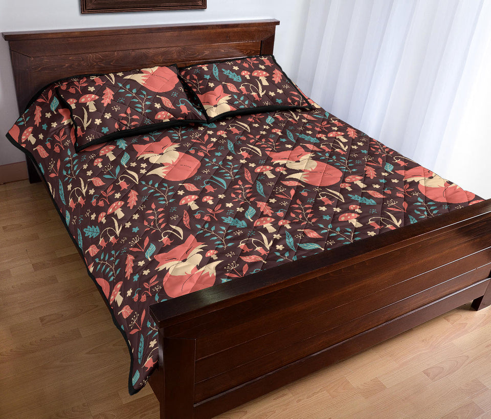 fox leaves mushroom pattern Quilt Bed Set