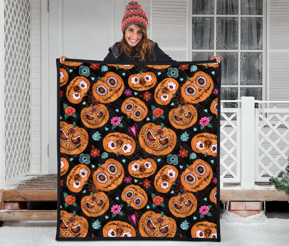 Pumpkin Flowers Spiderweb Halloween Theme Premium Quilt