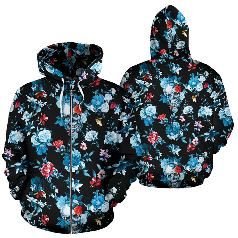Skull Flower Roses Leave Pattern Zip Up Hoodie