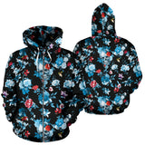 Skull Flower Roses Leave Pattern Zip Up Hoodie