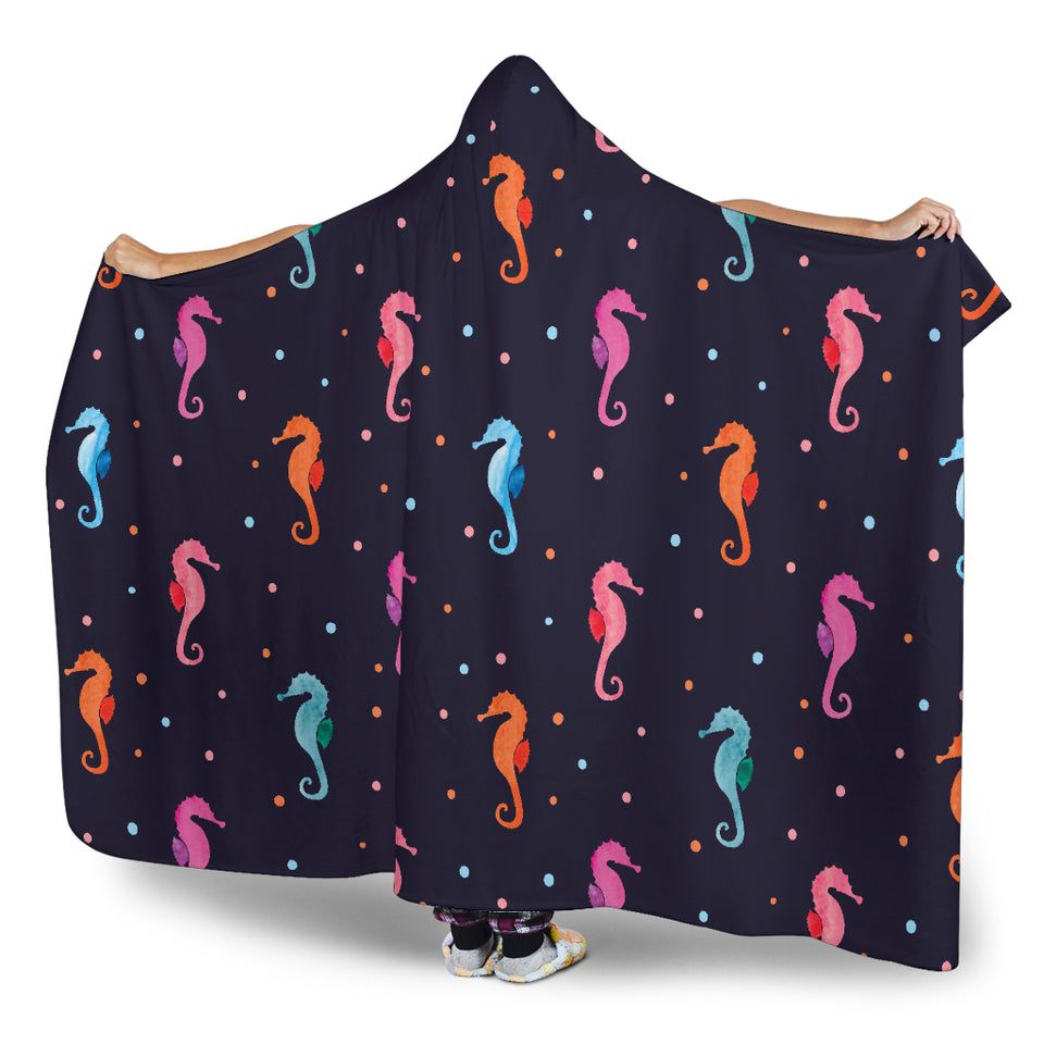 Watercolor Colorful Seahorse Pattern Hooded Blanket